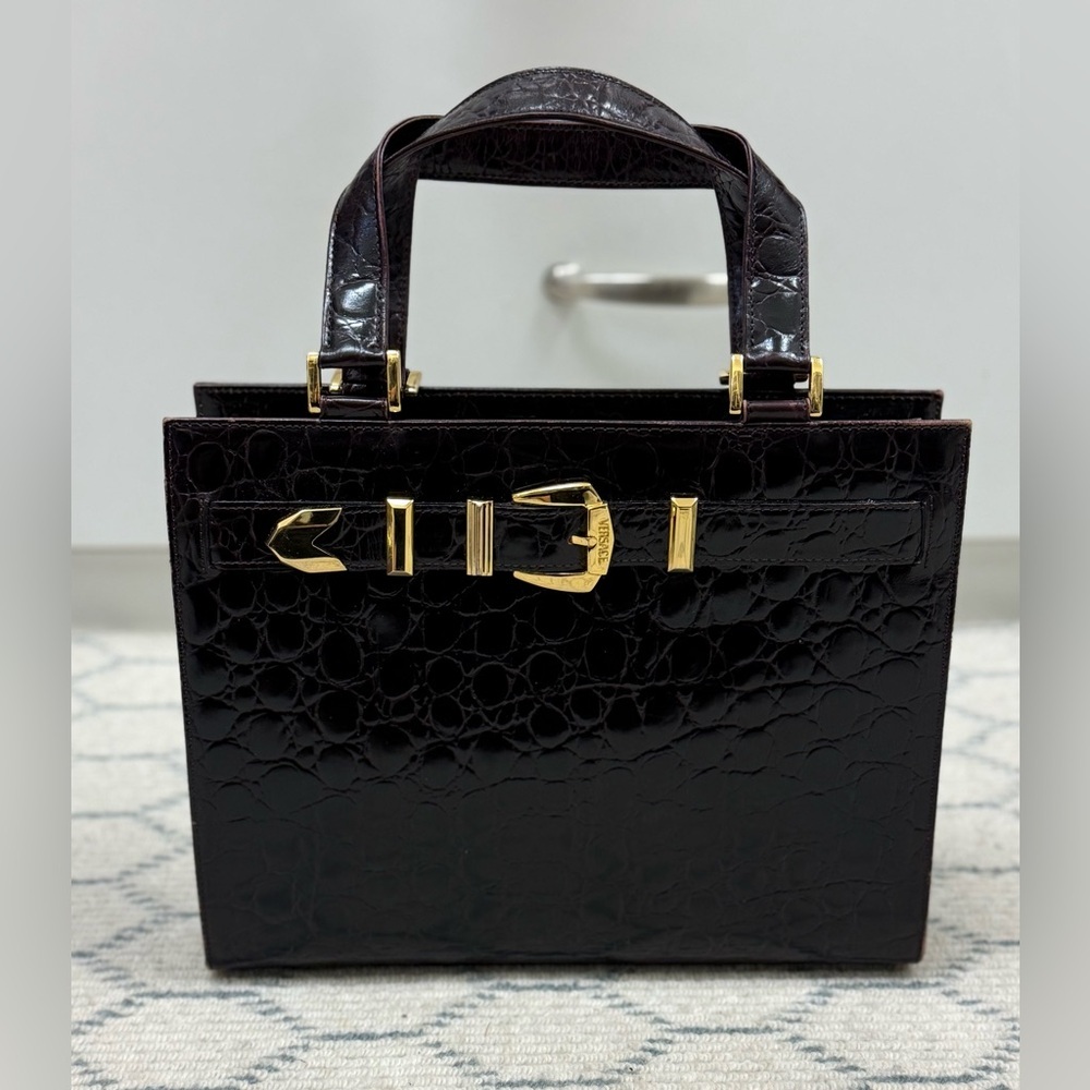 GIANNI VERSACE Vintage 90’s Brown Croc-Embossed Leather W/ Gold Buckle Handbag